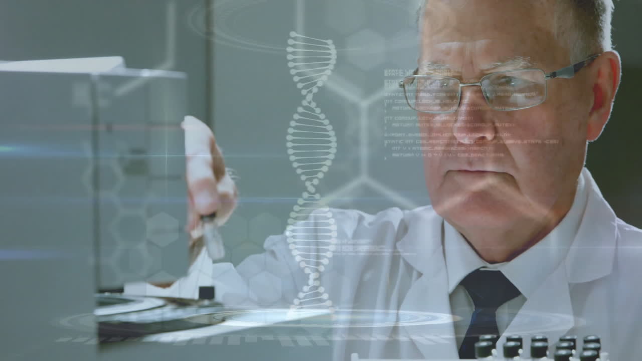 Animation of dna and scientific data processing over caucasian male scientist in laboratory