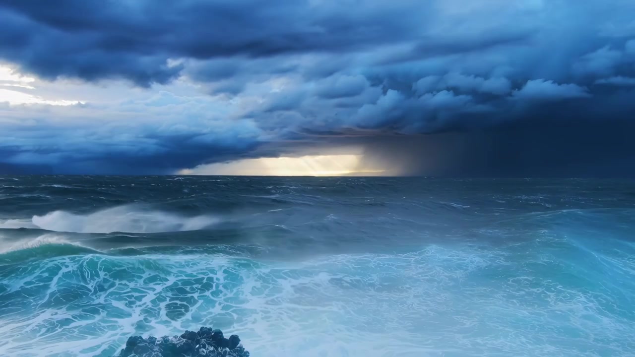 Dramáticas olas del océano rompiendo bajo un cielo tormentoso con la luz del sol abriéndose paso