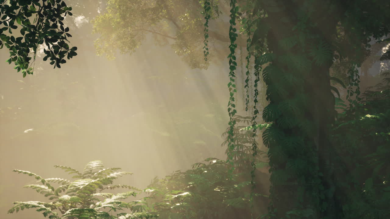 la luz del sol filtrándose a través de un exuberante bosque tropical