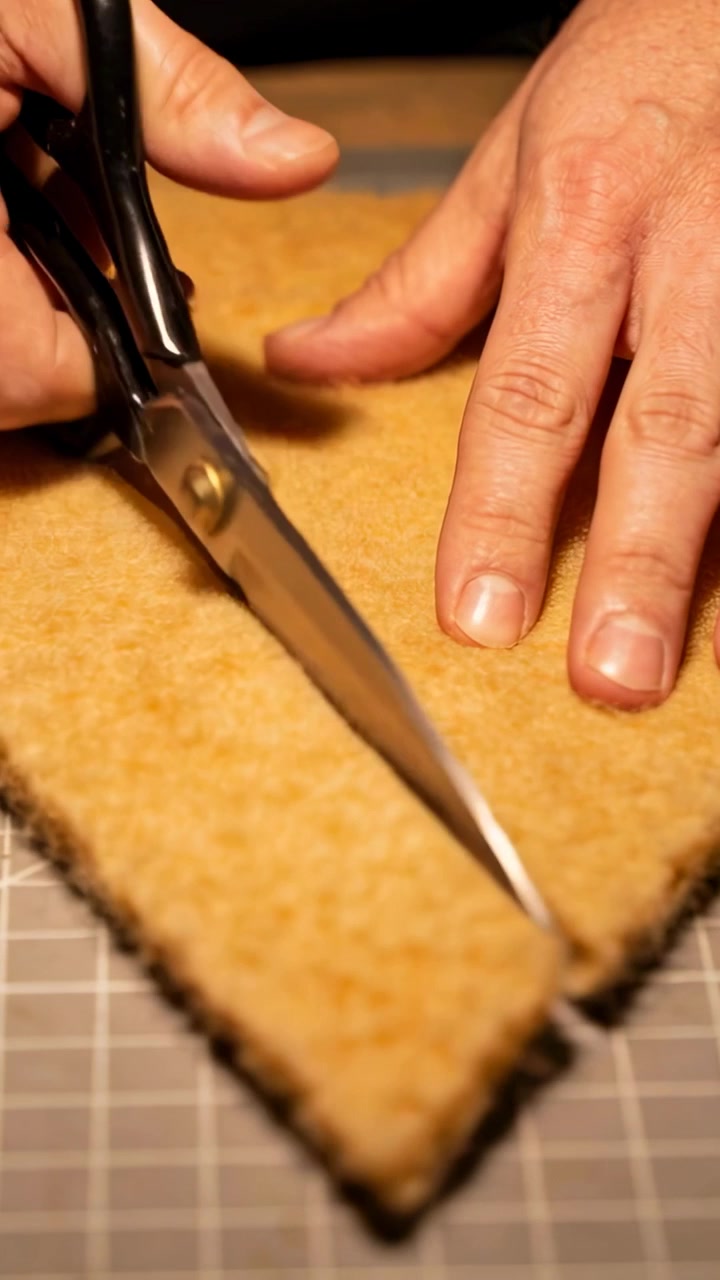 Vídeo vertical: Colocando um triângulo de feltro, artesão aparando a costura em uma base quadriculada para moldar o canto com tesouras