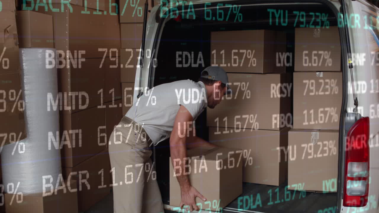 자동차에 상자를 포장하는 사람 위의 데이터 처리 애니메이션