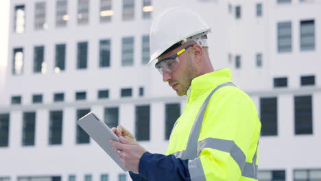 construction, man and tablet in city