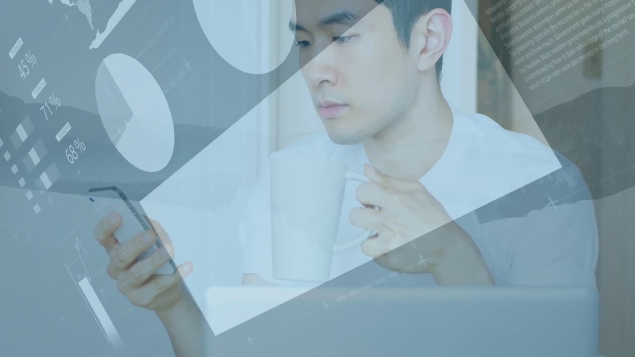 다이어그램의 애니메이션과 데이터 처리가 손을 흔들고 스마트폰을 사용하는 아시아인