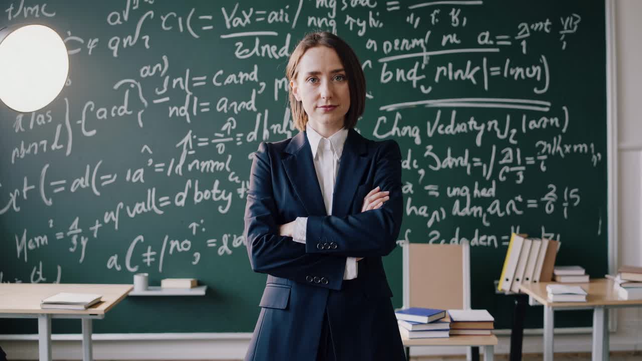 Confident teacher in a suit stands before a chalkboard filled with equations