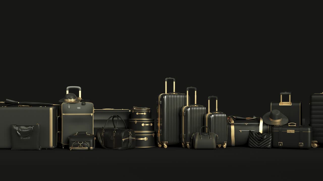 검은색과 황금색의 수하물과 검은색 바탕의 휴가 장비.