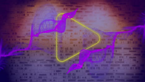 Digital-animation-of-purple-digital-waves-over-neon-yellow-play-icon-against-brick-wall