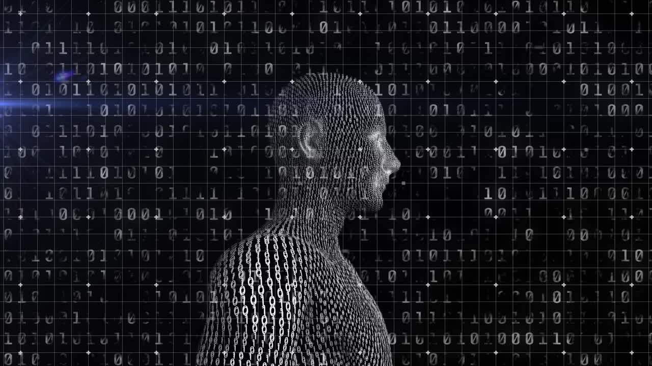 Animation of binary coding and data processing over human body
