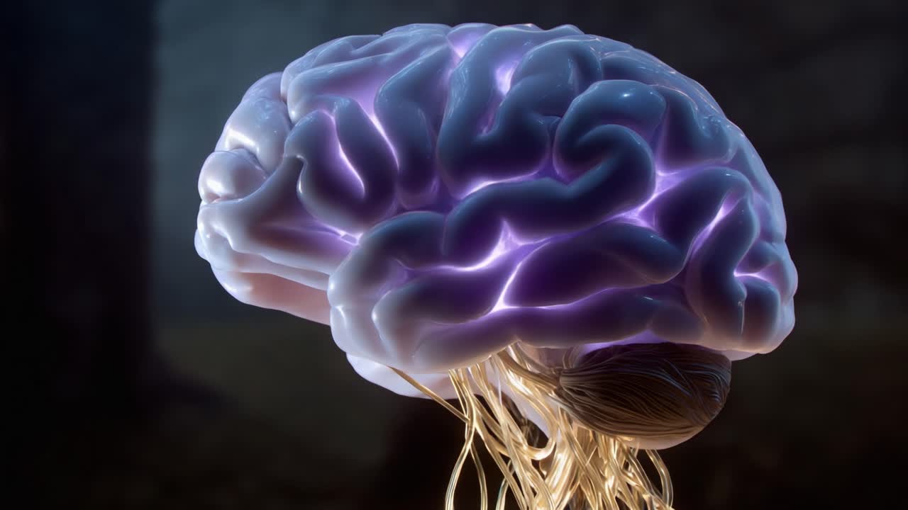 Upea 3d-renderöinti aivoista, joka esittelee monimutkaisia hermosolurakenteita ja vangitsevaa violettia hehkua pimeässä, tunnelmallisessa ympäristössä, korostaen hermoverkostojen monimutkaisuutta