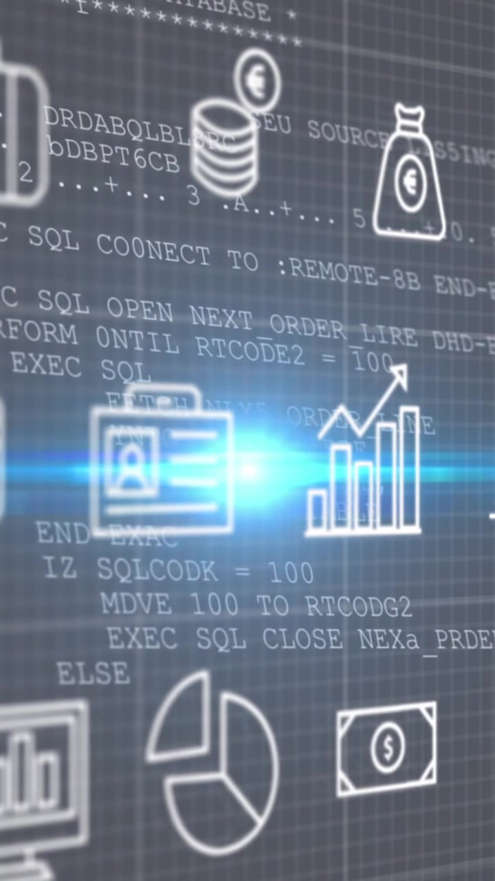 Animation of multiple digital icons over data processing against blue light spot on grey background