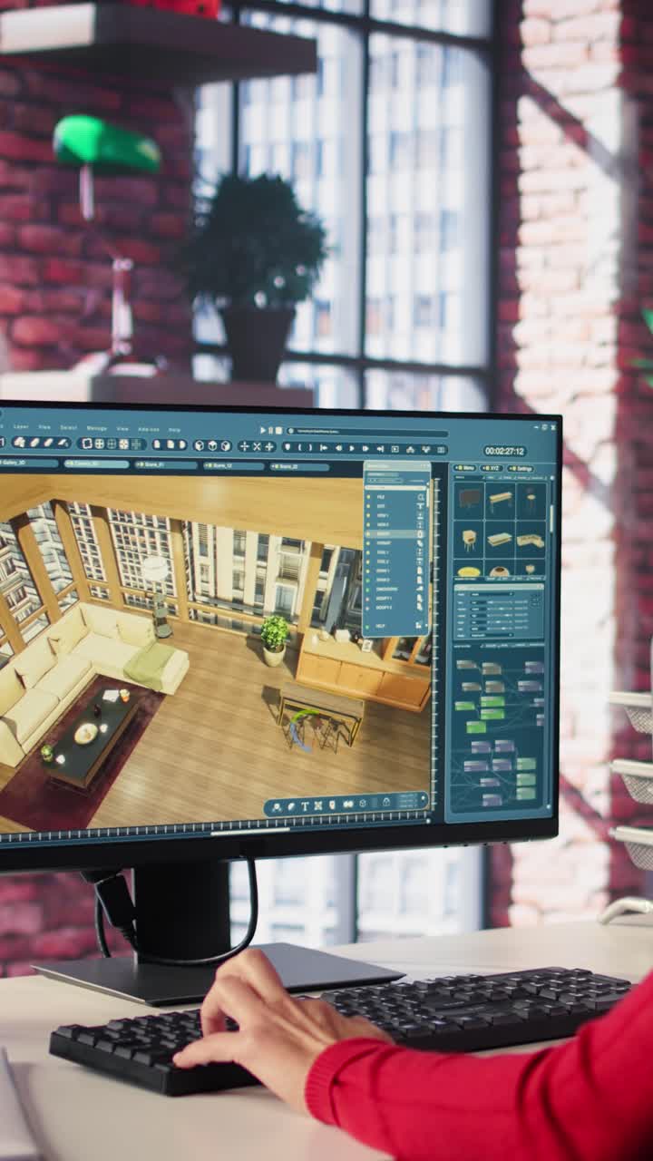 Vertical Video Woman at home creating a 3D render of an apartment interior layout