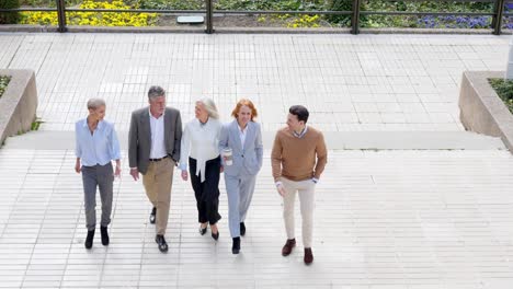 group of business professionals walking and conversing outdoors