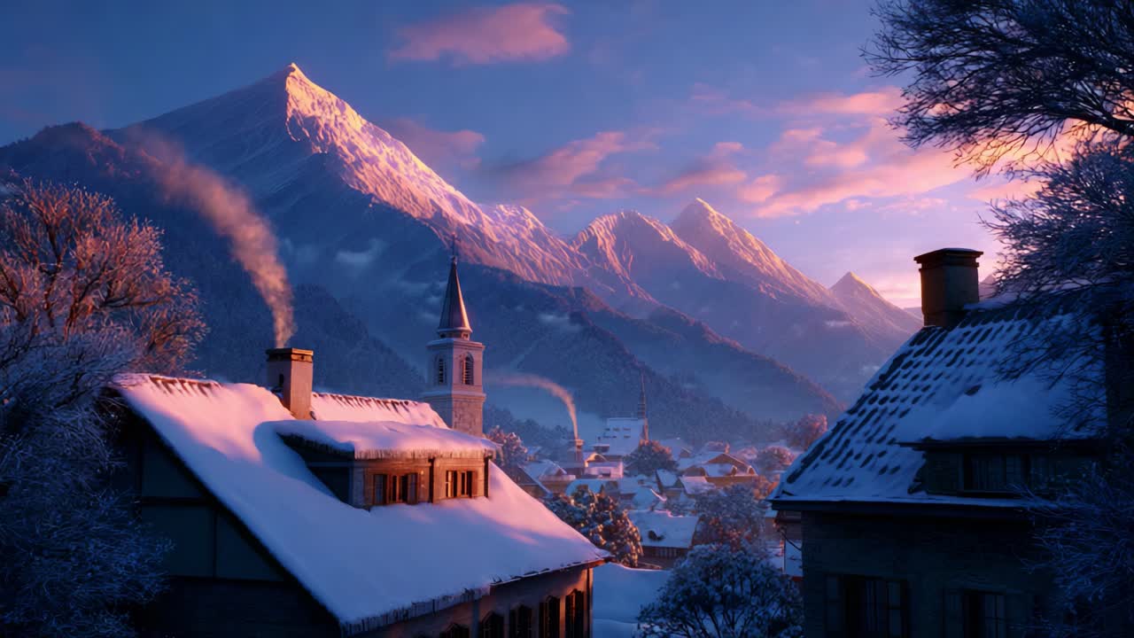 A Tranquil Winter Dawn Over Snow-Covered Mountains and Charming Village, with Smoky Chimneys, Ancient Church Tower, and a Serene Landscape Bathed in Soft Morning Light