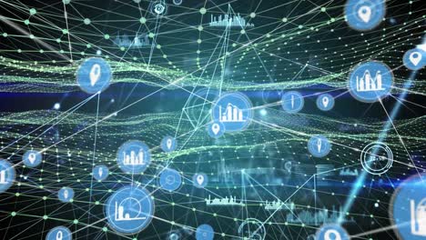 Animation-of-network-of-connections-with-computer-icons-over-glowing-points