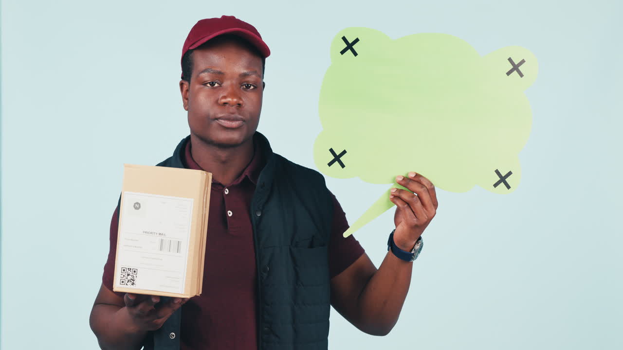 Delivery man, boxes and speech bubble in studio