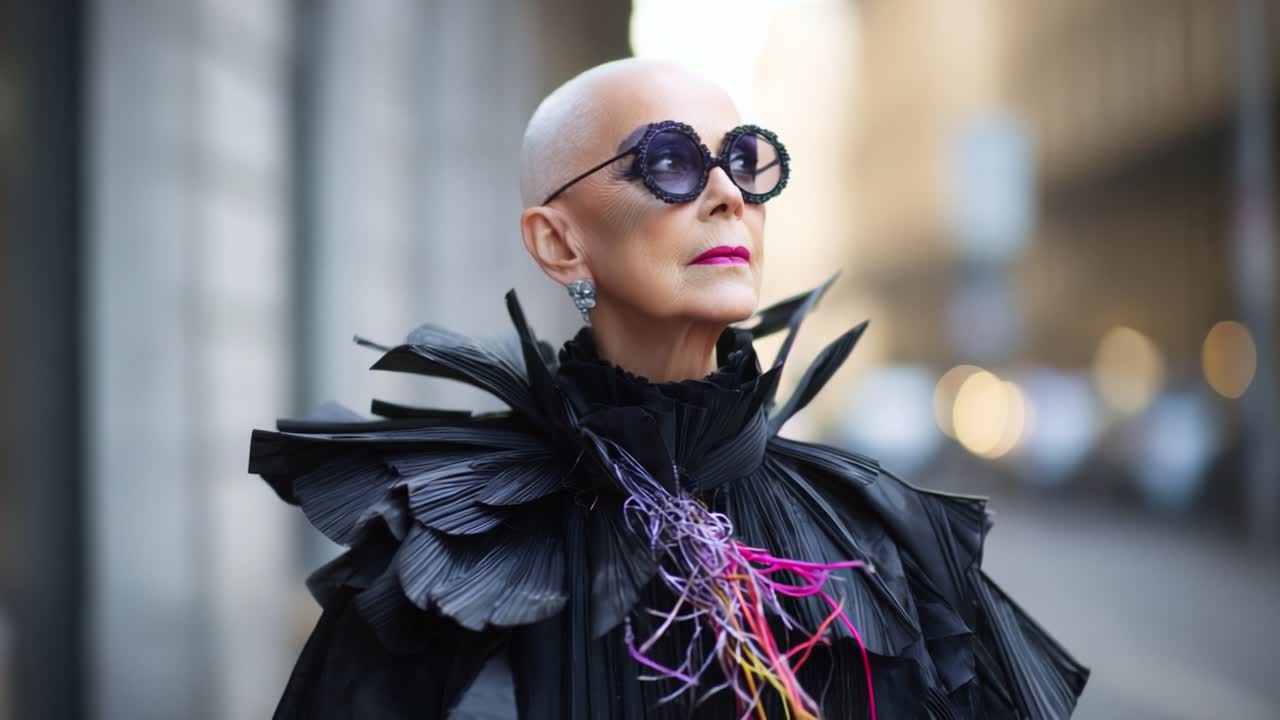A Bold Fashion Statement: An Elegant Woman in a Dramatic Black Outfit with Unique Accessories Posing Confidently in a City Setting, Embracing Individuality and Style