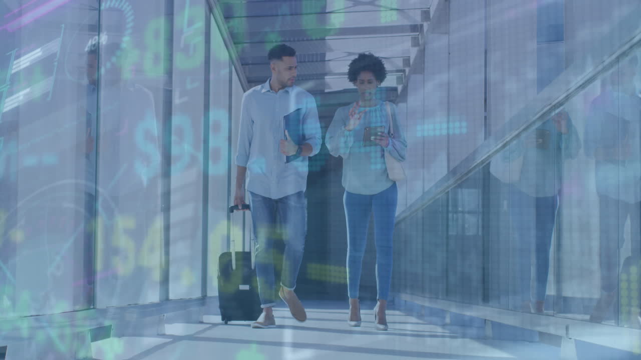 animación de la junta comercial sobre compañeros de trabajo multirraciales discutiendo mientras caminan en el aeropuerto