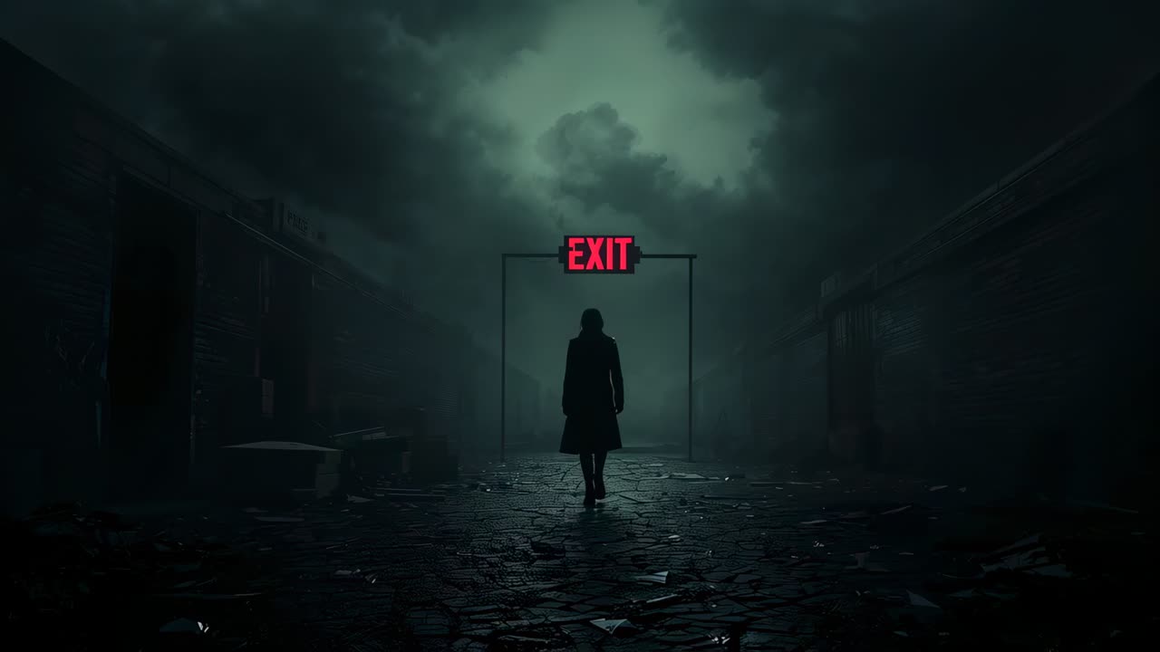Following glowing EXIT sign, silhouetted woman walking down foggy cobblestone lane, wearing coat