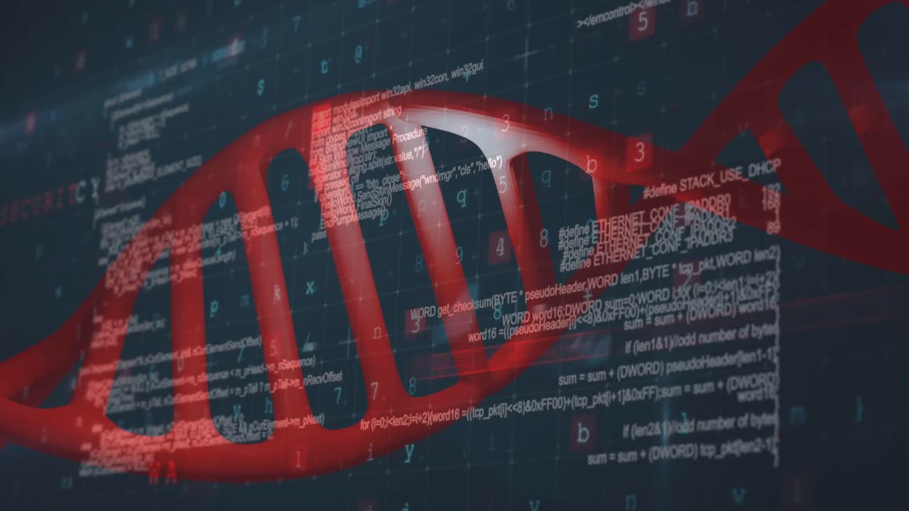 animación de la cadena de adn sobre el procesamiento de datos en fondo negro