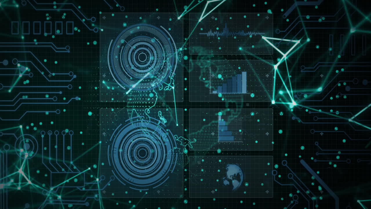 In school, animation displaying futuristic digital interface with green data charts
