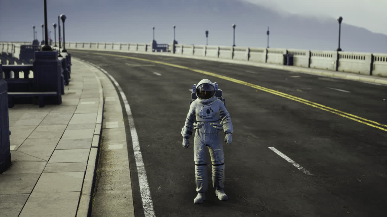 Astronaut exploring empty urban street during daytime with cloudy sky