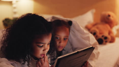 tablet, girls and children in bedroom at night