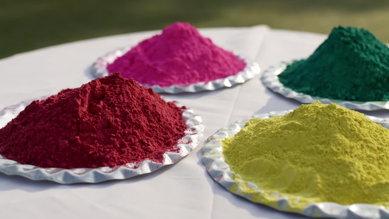 Diferentes cores de Holi decoradas em um prato para o festival