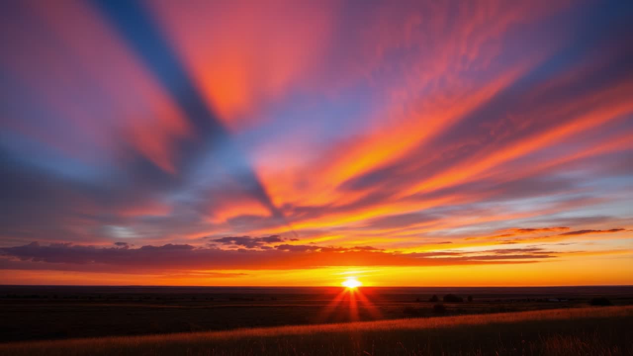 Vibrant Sunset with Dramatic Crepuscular Rays over a Flat Landscape