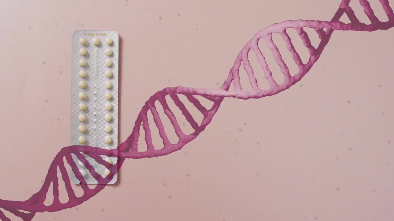 Animation of dna strand and sequential pills on pink background