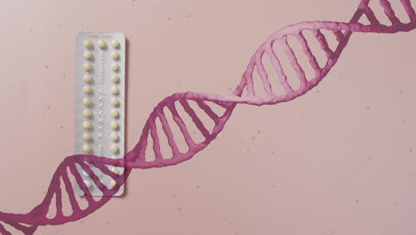 animation of dna strand and sequential pills on pink background