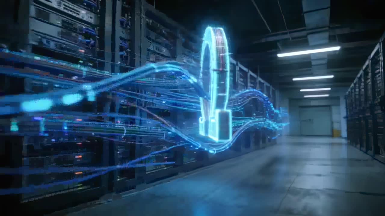 Emerging holographic Omega following rising data streams, moving through server aisle linking racks