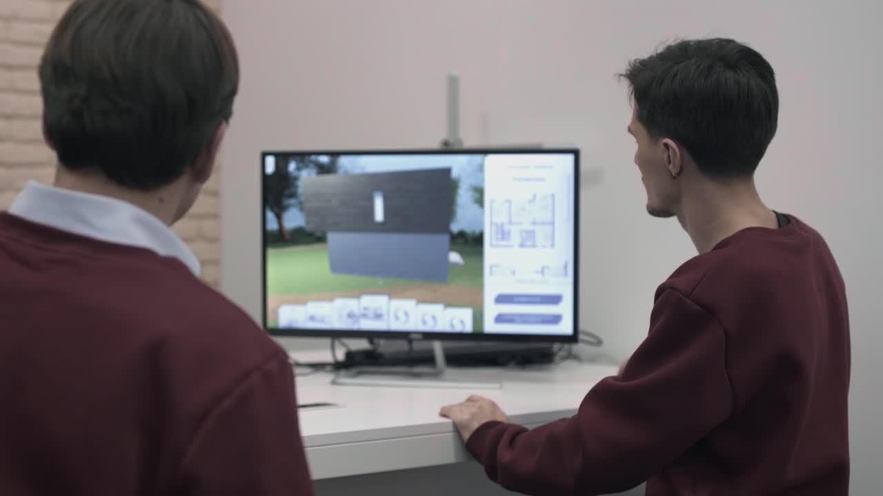 dos personas colaborando en un proyecto de diseño de casa usando una computadora