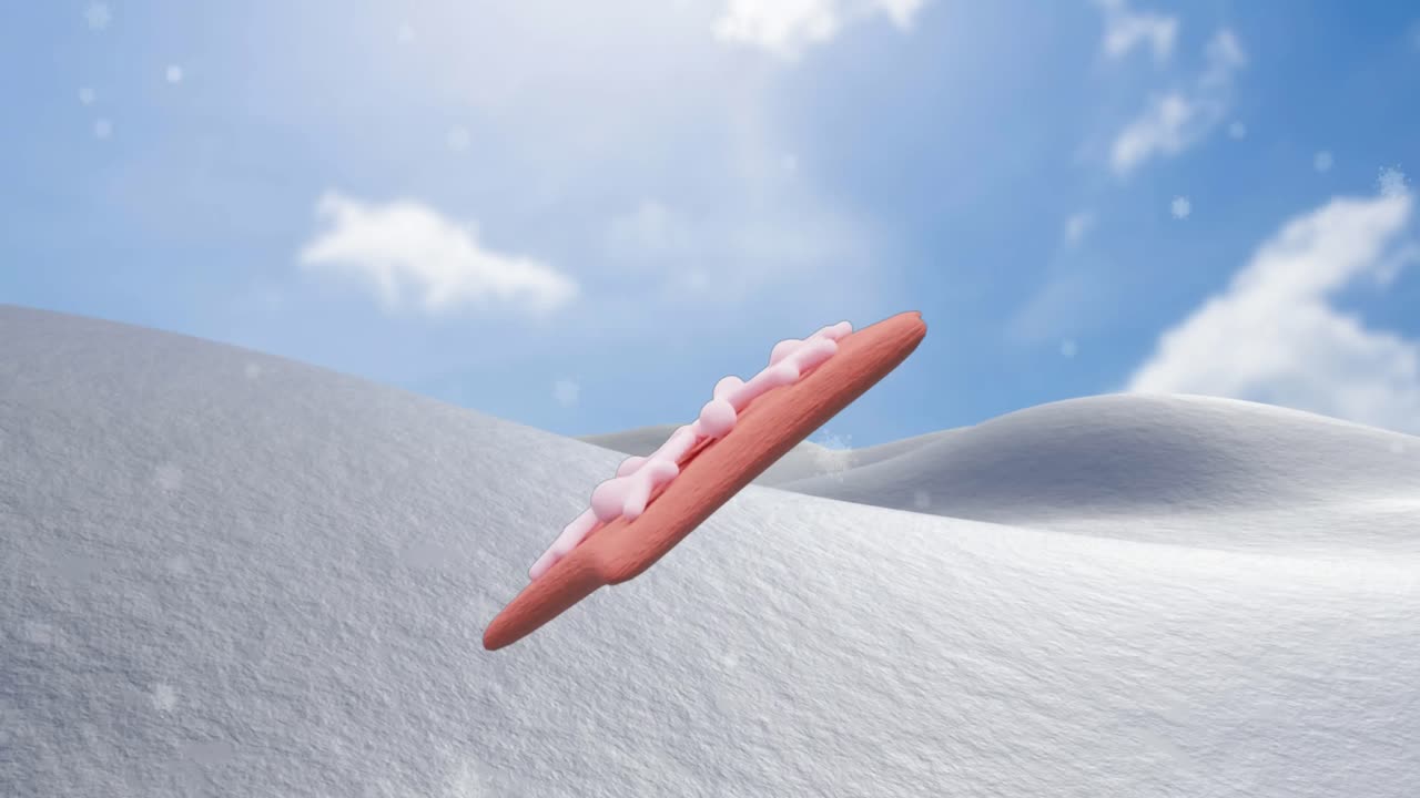 크리스마스 스타 진저브레드 쿠키의 애니메이션은 겨울 풍경에서 눈이 내리는 동안.