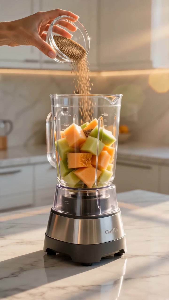 Sequenza dal centro alla fine, incentrata sull'azione, che mostra un frullatore centrato su un'isola di marmo mentre cubetti di melone cantalupo e melone bianco vengono assemblati e un ingrediente granulare viene versato in