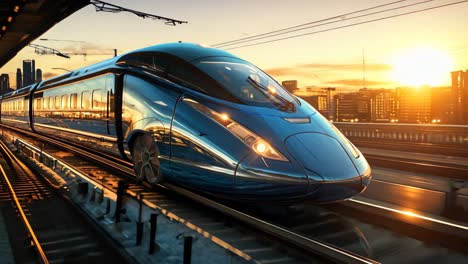 high-speed train arriving at a bustling city station during sunset