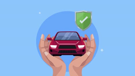 animación de servicio de seguros con manos levantando coche y escudo