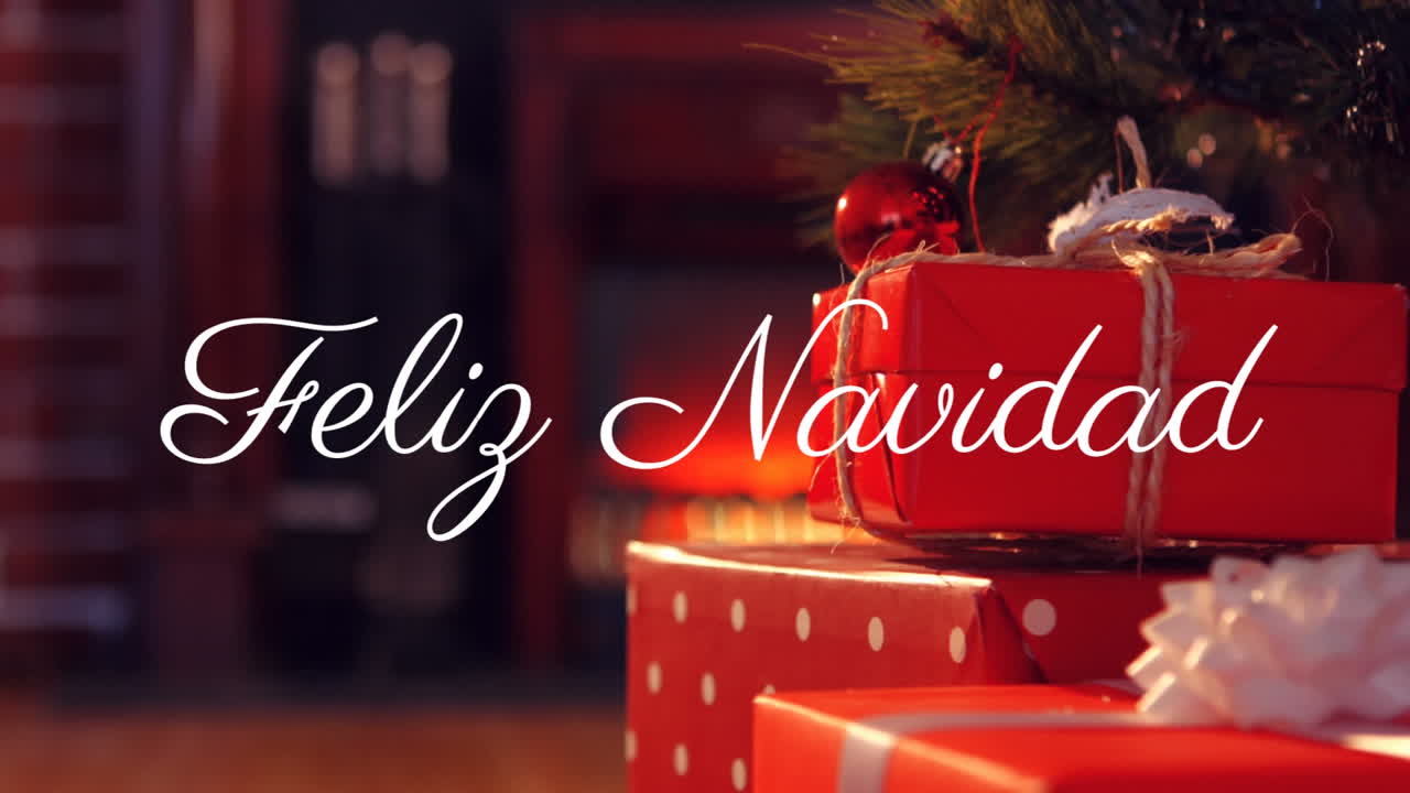 animación de feliz navidad sobre regalos de navidad y árbol