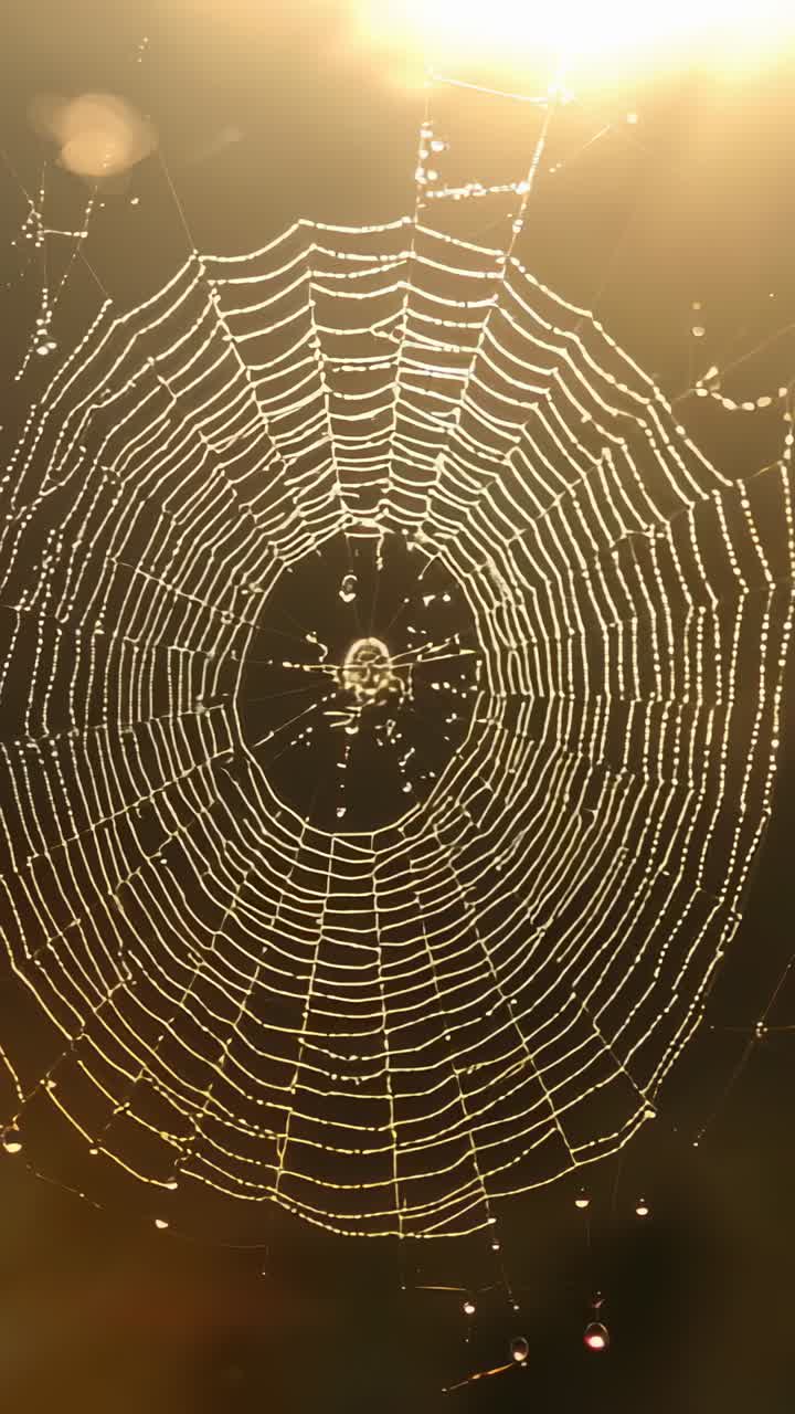 Vertical video: Spider web swaying outdoors in dawn breeze, with spider, dew and lens flares