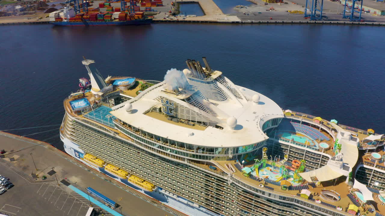 Aerial View of Wonder of the Seas Cruise Ship Docked at Port