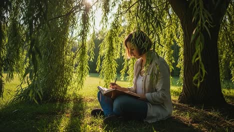 a tranquil moment of reflection: a young woman writing under a willowy tree, embraced by soft sunlight and nature's calm beauty