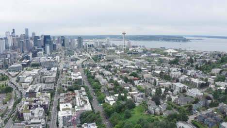 aerial drone shot of seattle panning upward