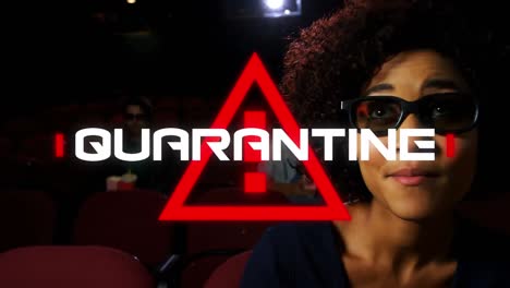 animation of covid 19 quarantine text over warning triangle and people in 3d cinema