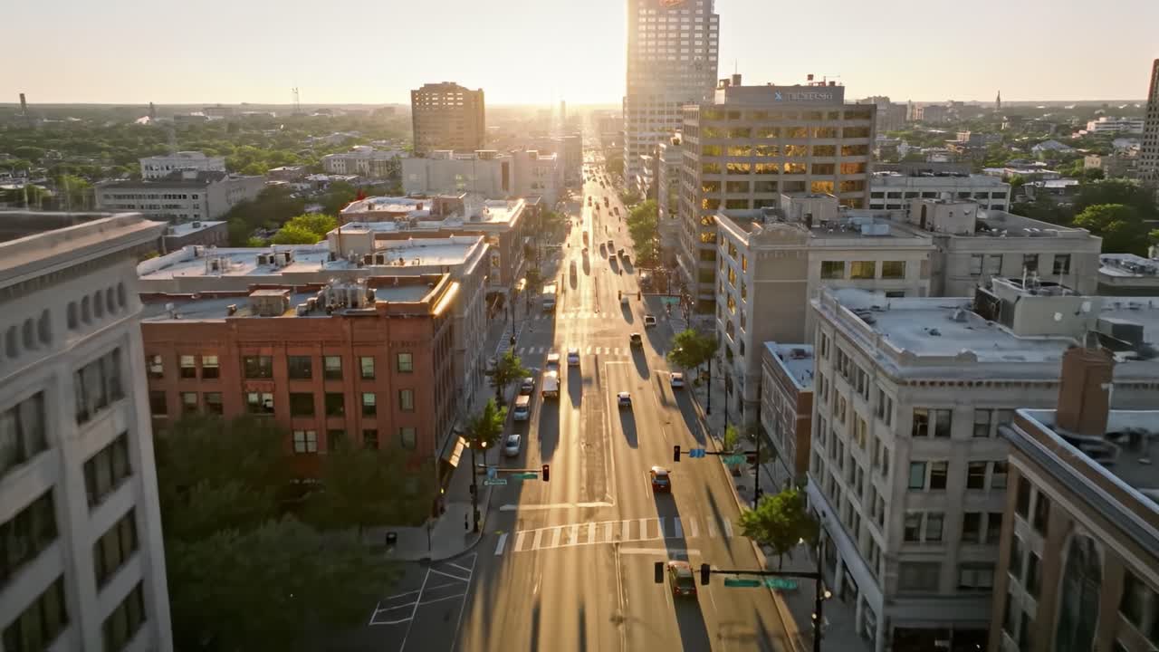 A Stunning Aerial View of Urban Streets Bathed in Golden Sunset Light, Showcasing the Vibrant City Life and Architectural Diversity at Day's End