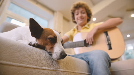 bottom view of a boy playing the guitar sitting on the couch, next to him is his dog sleeping