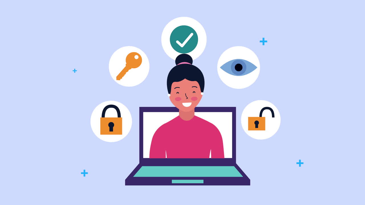 giovane donna d'affari in laptop con icone di sicurezza