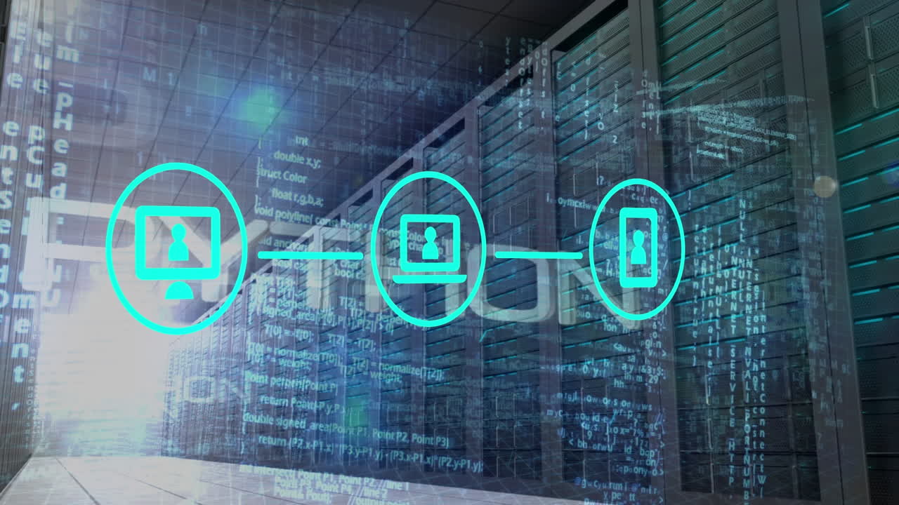 animación de la conexión de computadora, portátil y teléfono inteligente con lenguaje de codificación en segundo plano