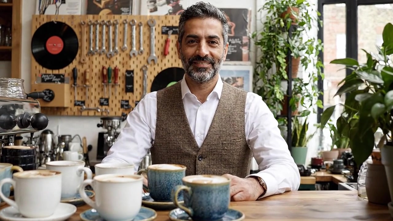 Barista in un caffè accogliente: un'atmosfera invitante con tazze di caffè e piante sotto la luce naturale, che mette in mostra l'arte della preparazione del caffè e la connessione con i clienti.