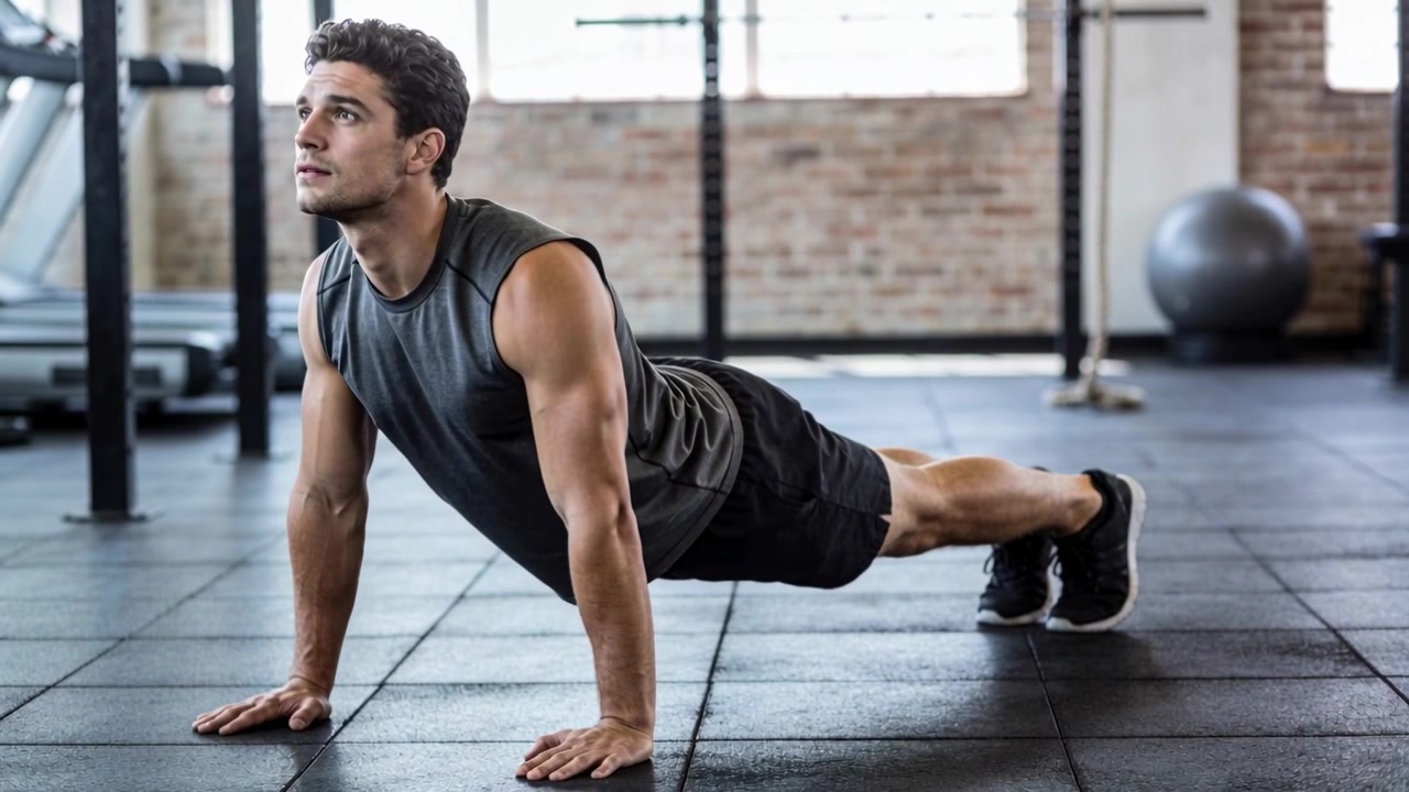 Starting from top, fit male doing push-ups on rubber floor, wearing grey shirt, building strength