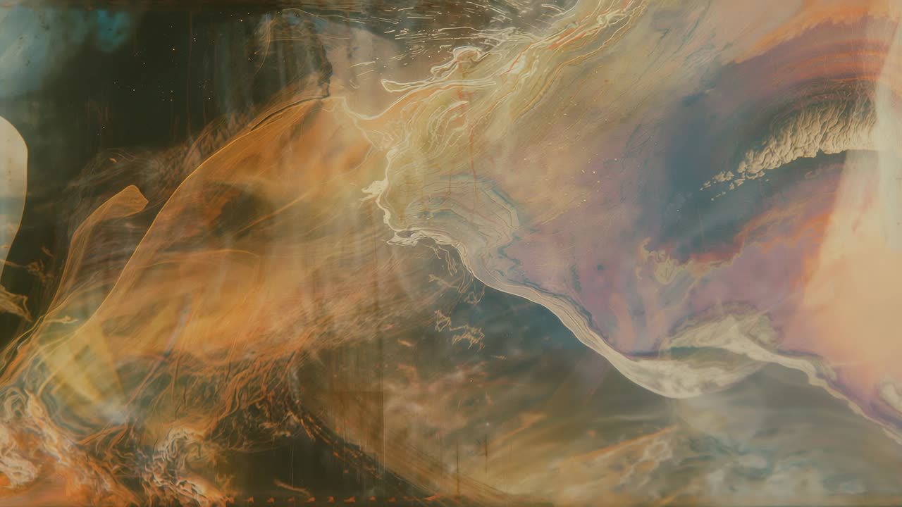 Sparking marbled projection drifting right on gallery wall by frames, revealing seam, flecks