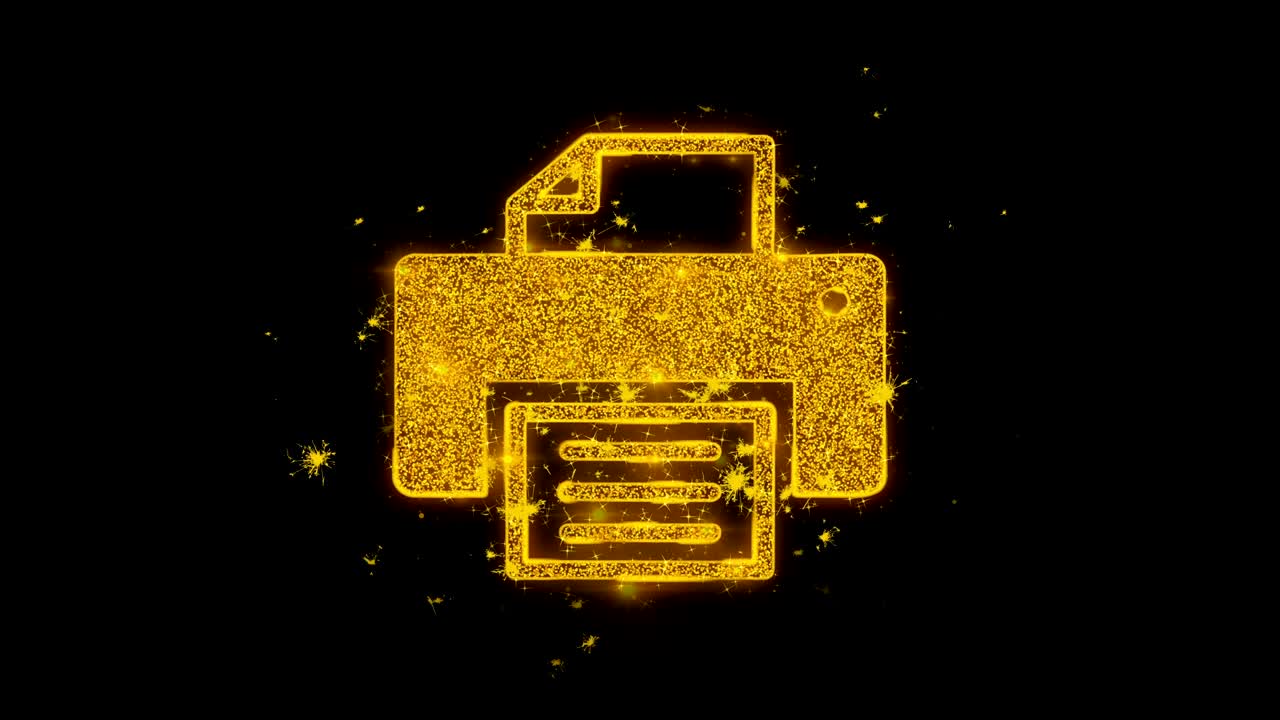 Computer Printer Icon Sparks Particles on Black Background.