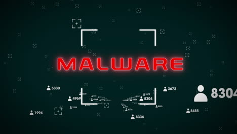 animation of malware text over social media icons with numbers on black background